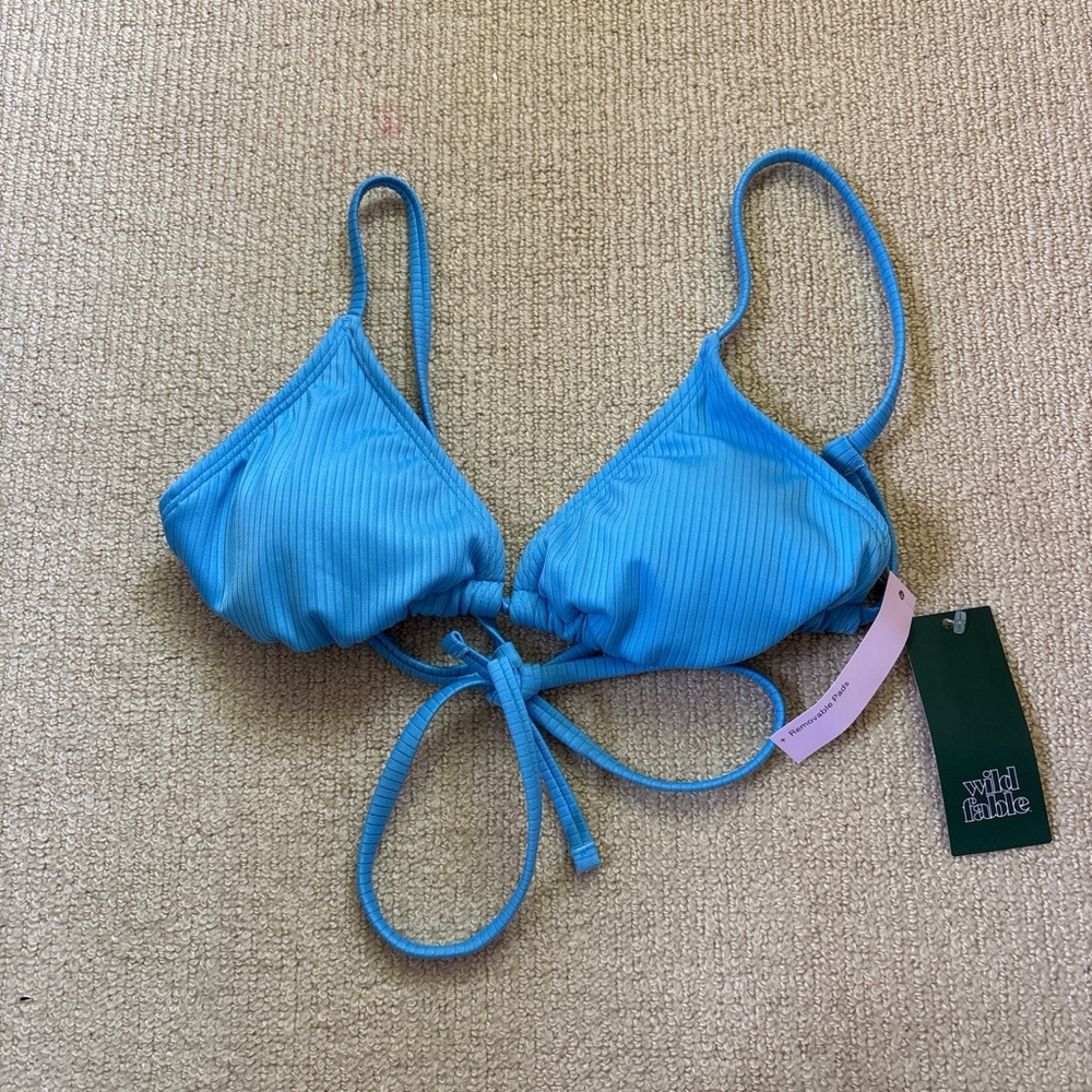 wild fable Bright Blue Ribbed Tie-Front Triangle Bikini Top